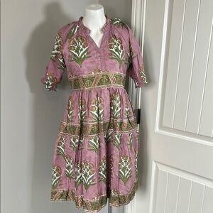 Victoria Dunn Oren Dress Pink Green Floral Block Print Ruffled V Neck Sz S NEW